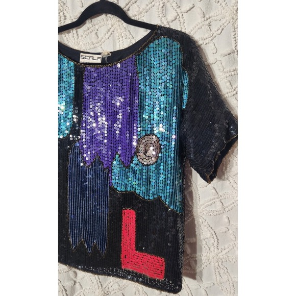 Vintage Scala Womens‎ All Over Sequin Silk Top Size Small Black Colorblock Retro - Picture 3 of 10